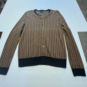 Ann Taylor Factory Womens Large Black Tan Geometric Knit Cardigan Button Sweater